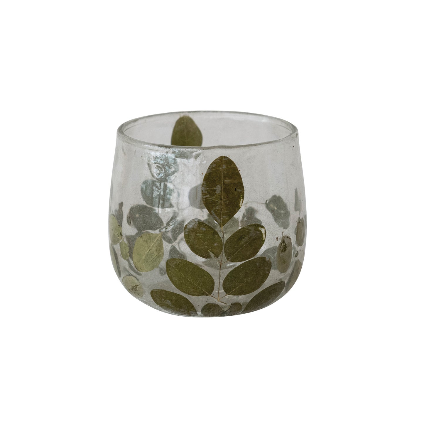 Porte-bougie artisanal, en verre,  avec feuilles de moringa