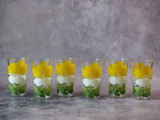 Ensemble de 6 verres rétro DAFFODIL avec son support - ANCHOR HOCKING
