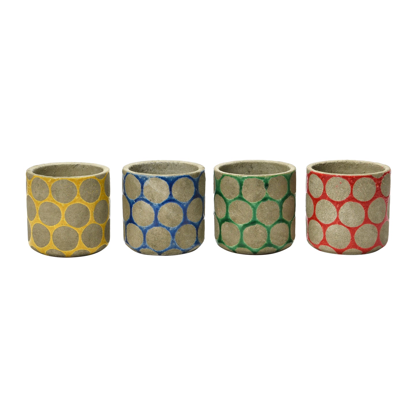 Cache-pots ronds en terre cuite, avec points en relief de cire, 4 couleurs