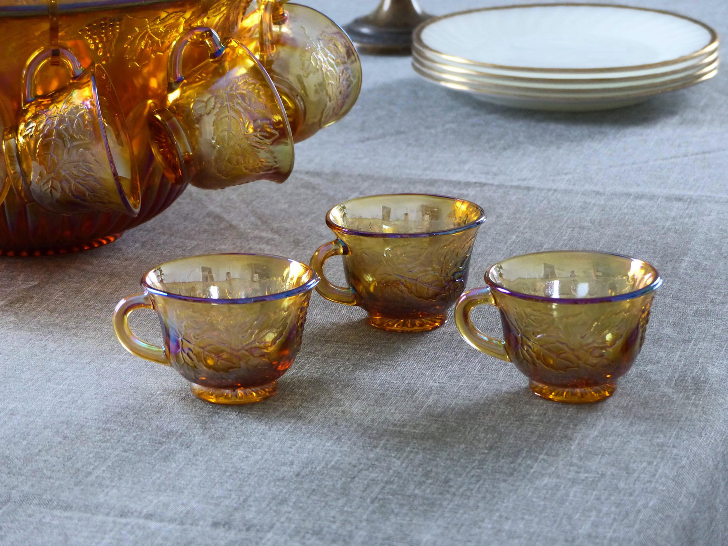 Ensemble de bol à punch vintage en verre - Ambré irisé