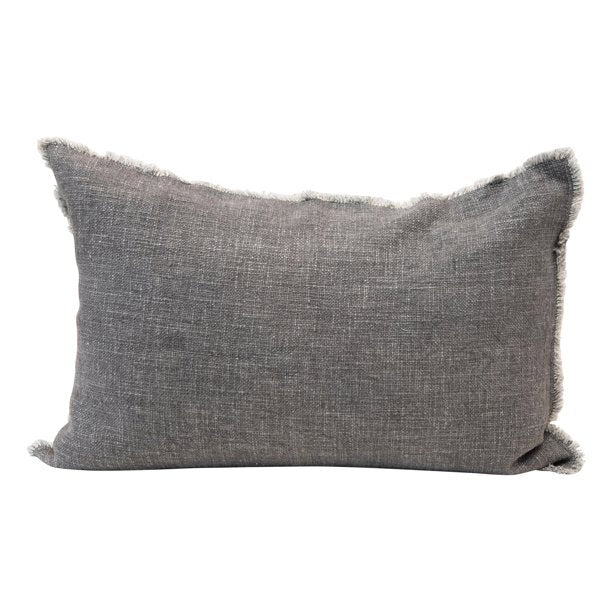 Coussin en mélange de lin avec bords effilochés, gris anthracite