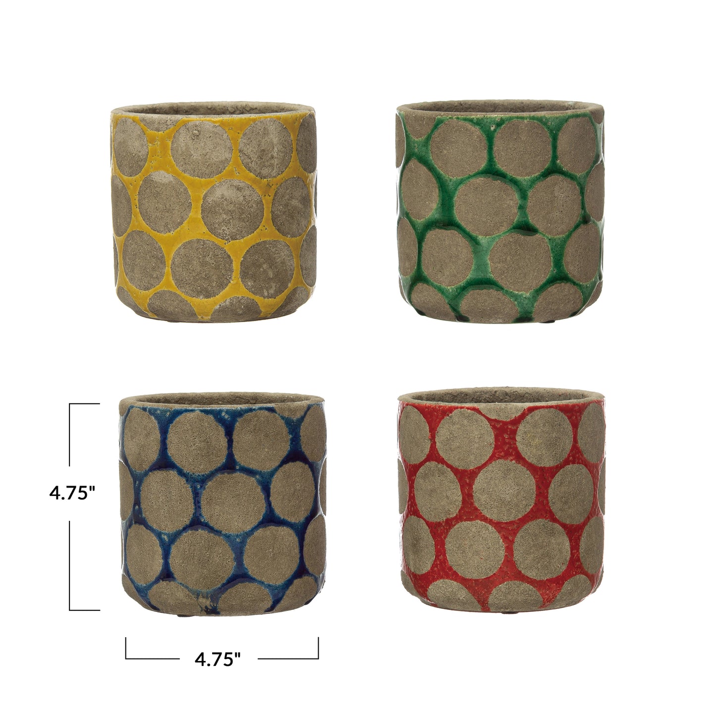 Cache-pots ronds en terre cuite, avec points en relief de cire, 4 couleurs