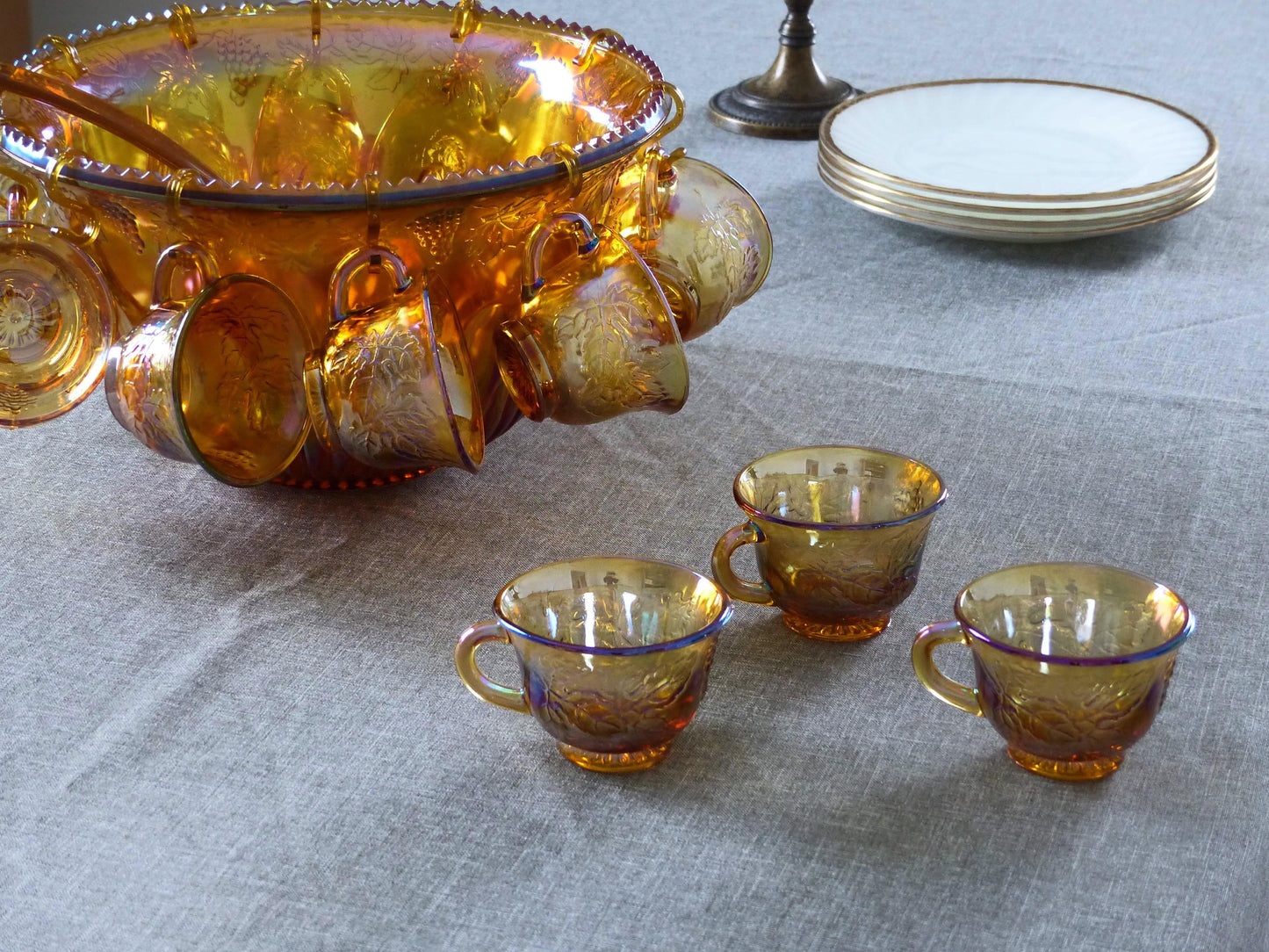 Ensemble de bol à punch vintage en verre - Ambré irisé