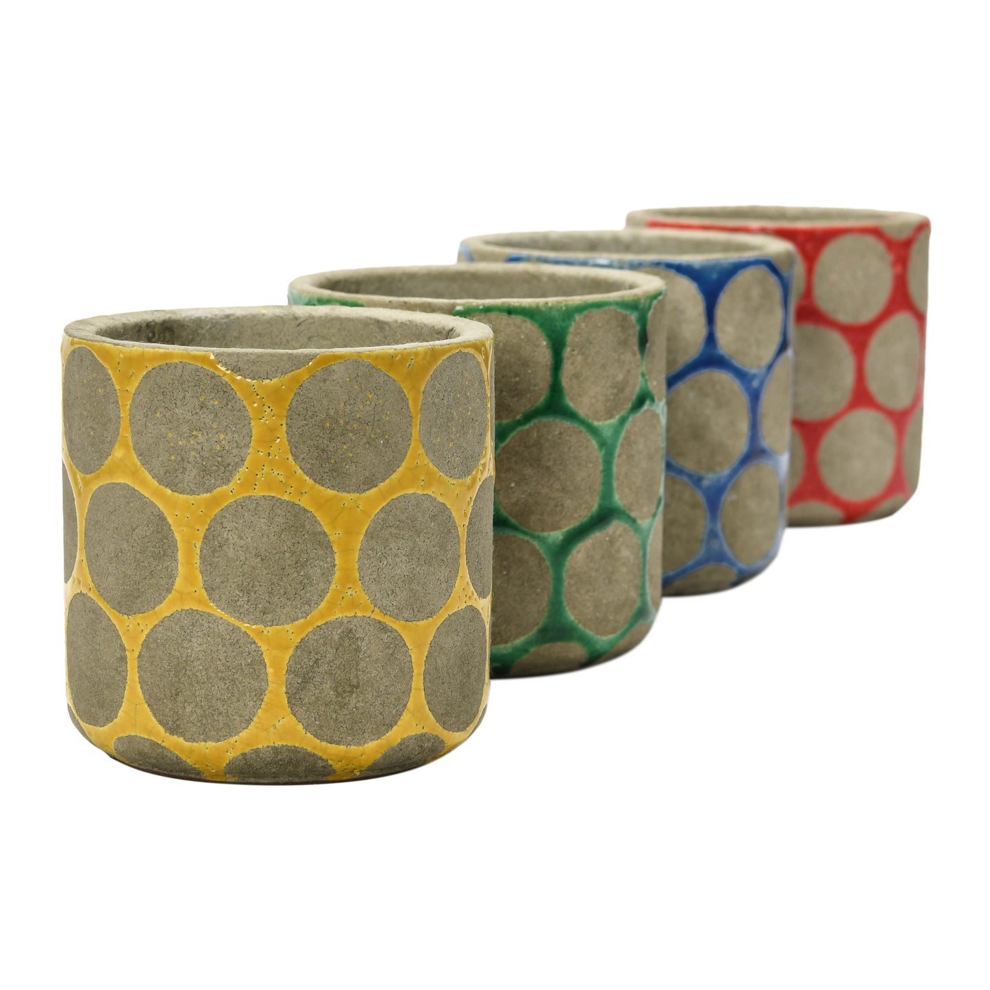 Cache-pots ronds en terre cuite, avec points en relief de cire, 4 couleurs