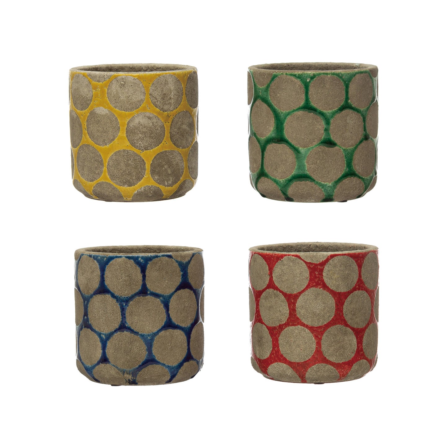 Cache-pots ronds en terre cuite, avec points en relief de cire, 4 couleurs