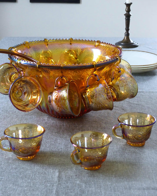 Ensemble de bol à punch vintage en verre - Ambré irisé