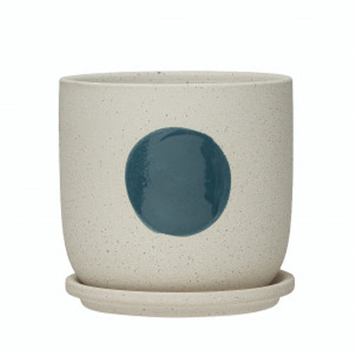 Pot en grès avec soucoupe et motif circulaire, blanc et bleu.