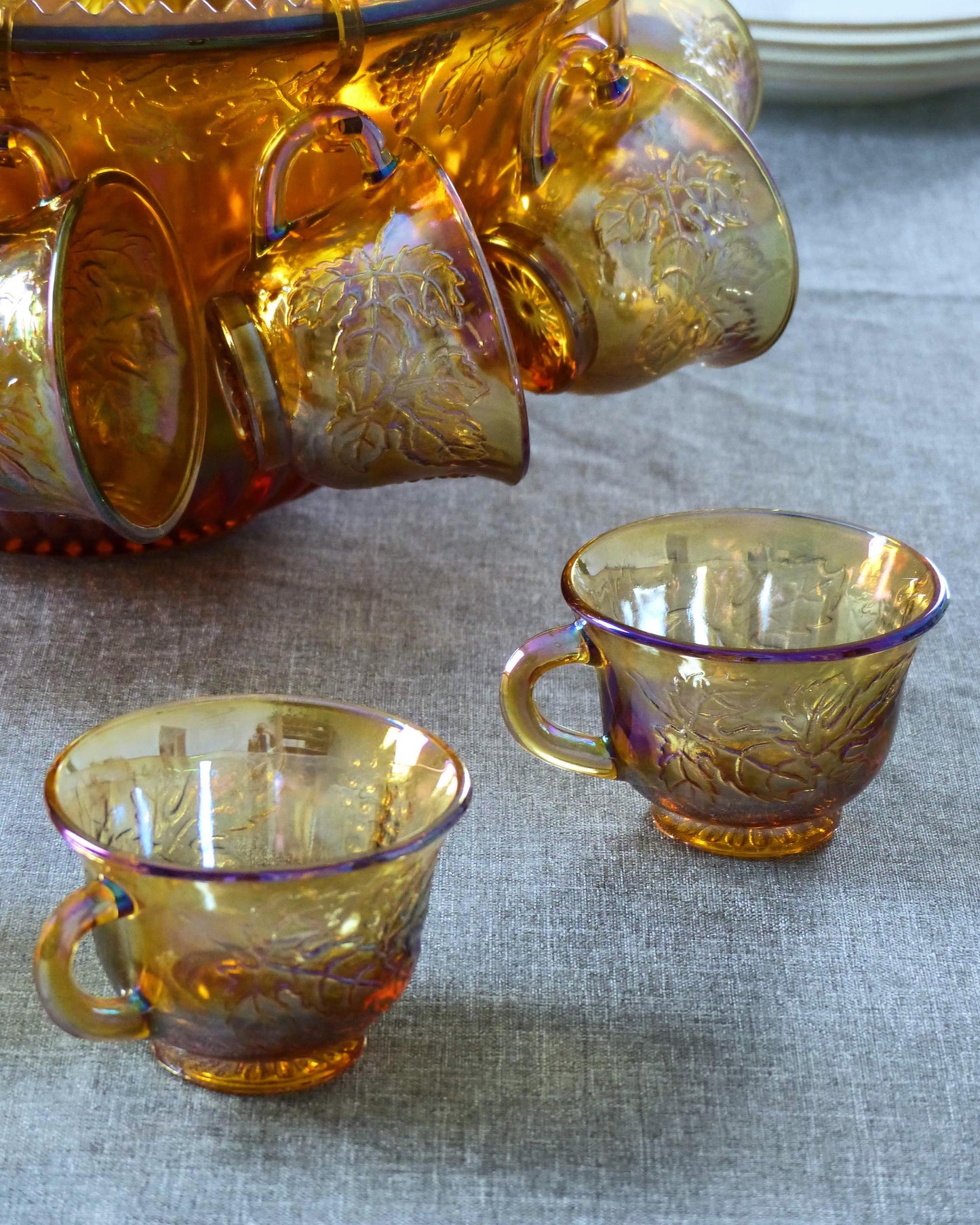 Ensemble de bol à punch vintage en verre - Ambré irisé