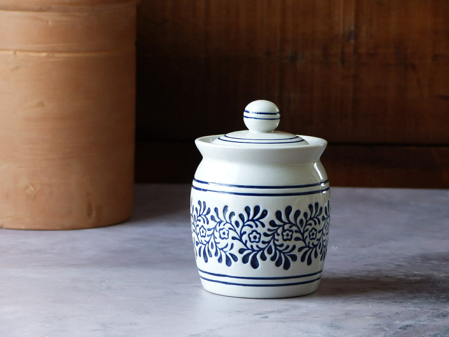 Petit contenant en céramique - gris-blanc-bleu