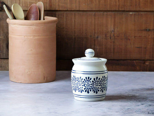 Petit contenant en céramique - gris-blanc-bleu