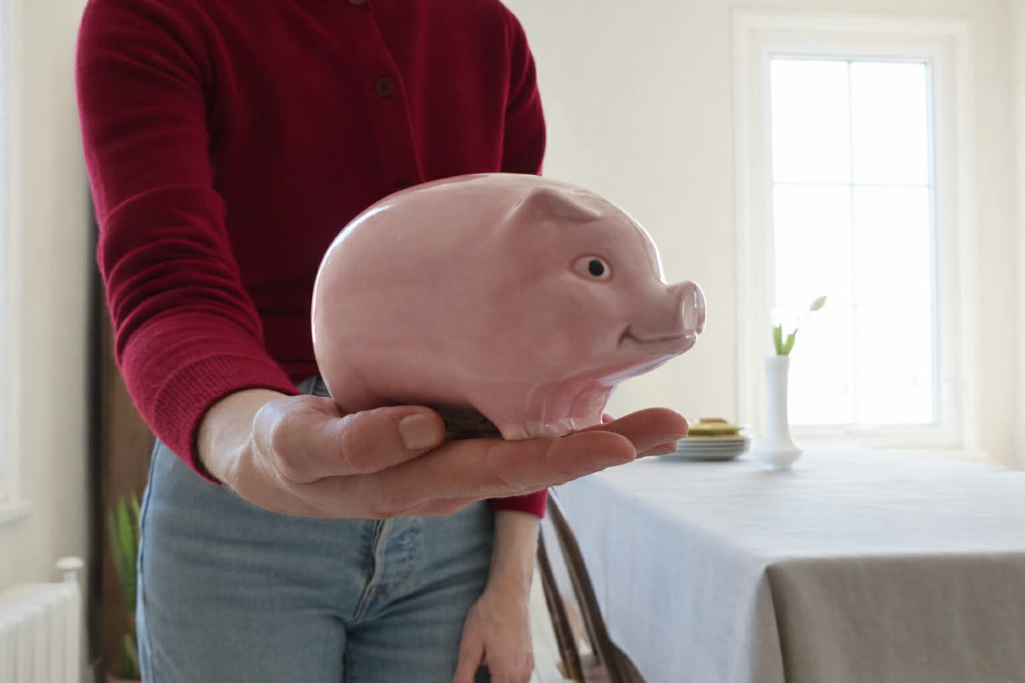 Tirelire vintage en céramique en forme de petit cochon rose
